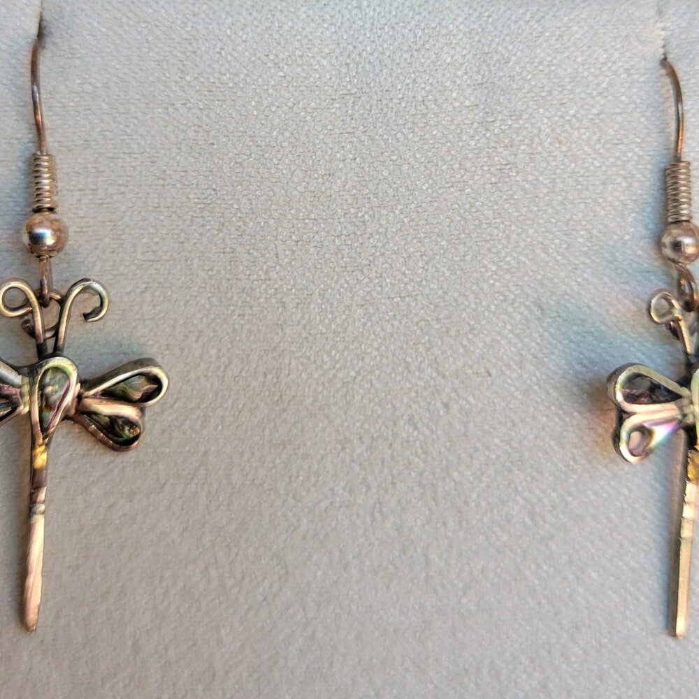 Dragonfly Abalone Shell In Silver Dangle Earrings - Picture 3 of 5